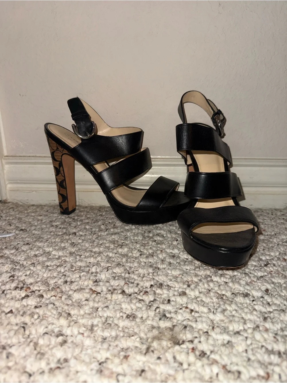 Coach Black Leather Strappy Heels with Signature Logo Block Heels